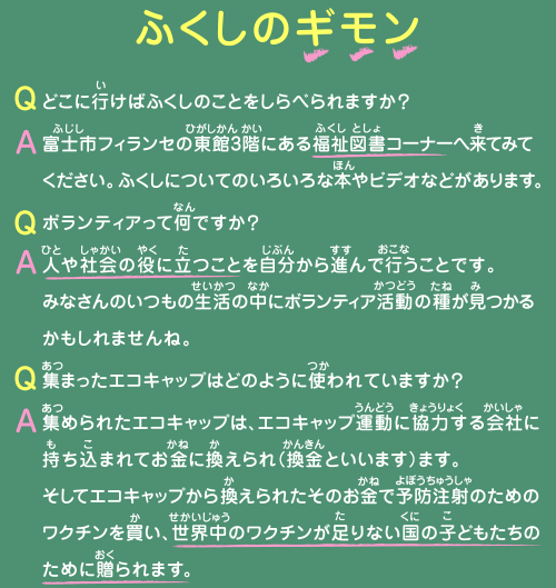 ふくしのギモン
    Qどこに行けばふくしのことをしらべられますか？ 
A富士市フィランセの東館3階にある福祉図書コーナーへ来てみてください。ふくしについてのいろいろな本やビデオなどがあります。
Qボランティアって何ですか？ 
A人や社会の役に立つことを自分から進んで行うことです。みなさんのいつもの生活の中にボランティア活動の種が見つかるかもしれませんね。
Q集まったエコキャップはどのように使われていますか？ 
A集められたエコキャップは、エコキャップ運動に協力する会社に持ち込まれてお金に換えられ（換金といいます）ます。
そしてエコキャップから換えられたそのお金で予防注射のためのワクチンを買い、世界中のワクチンが足りない国の子どもたちのために贈られます。