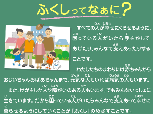 　ふくしってなぁに？
    すべての人が幸せにくらせるように、困っている人がいたら手をかしてあげたり、みんなで支えあったりすることです。
　わたしたちのまわりには赤ちゃんからおじいちゃんおばあちゃんまで、元気な人もいれば病気の人もいます。
　また、けがをした人や障がいのある人もいます。でもみんないっしょに生きています。だから困っている人がいたらみんなで支えあって幸せに暮らせるようにしていくことが『ふくし』のめざすことです。